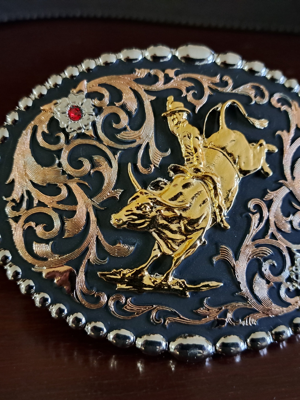 Decorative Gold Rodeo Bull Rider Belt Buckle - Black and Gold